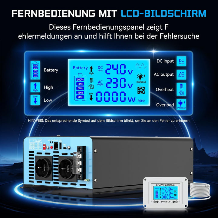 OLTEANP 2500W Spannungswandler 24v auf 230v Reiner Sinus Wechselrichter -Power Inverter Konverter mi