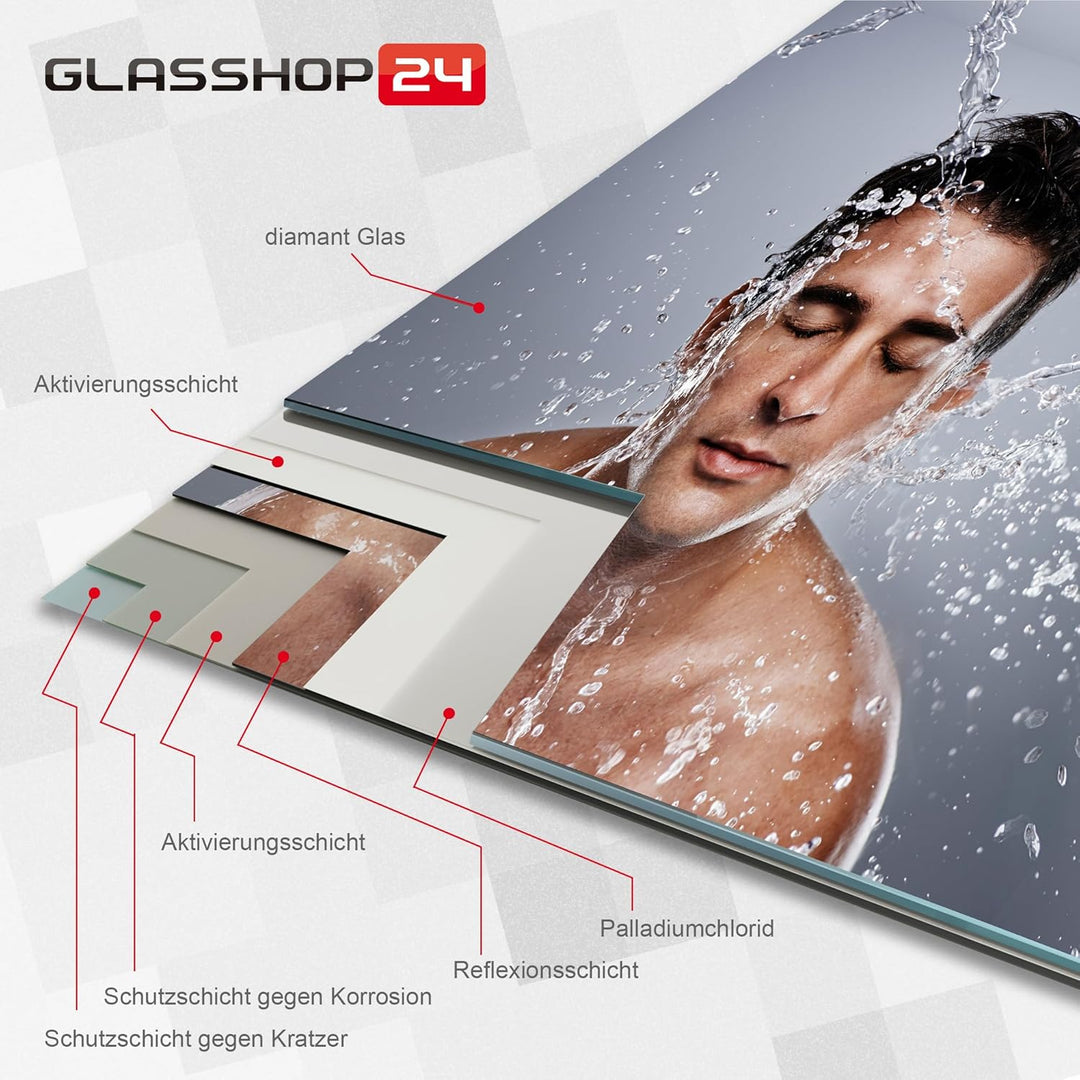 bijon Badezimmer-Spiegel ohne Rahmen, Hochglanzpolierte Kanten, Bad-Spiegel mit Befestigungsset, 90°