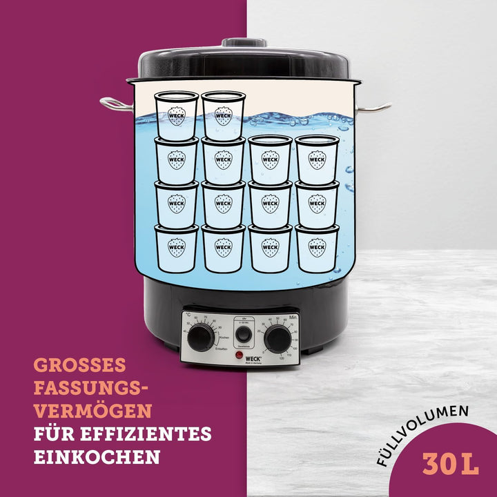 WECK Einkochautomat WAT25 Edelstahl mit Präzisionsthermostat & Zeitschaltuhr – 30L Einkochtopf, Glüh