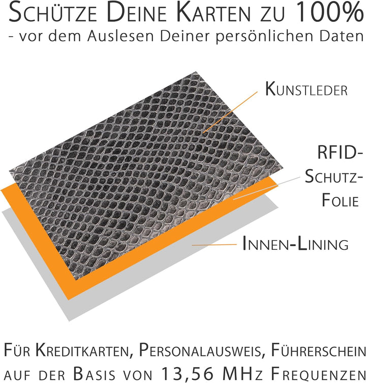 Portmonee Damen klein, Reise Geldbörse, viele Fächer, Schlangen-Look silber, RFID Blocker, Münzfach