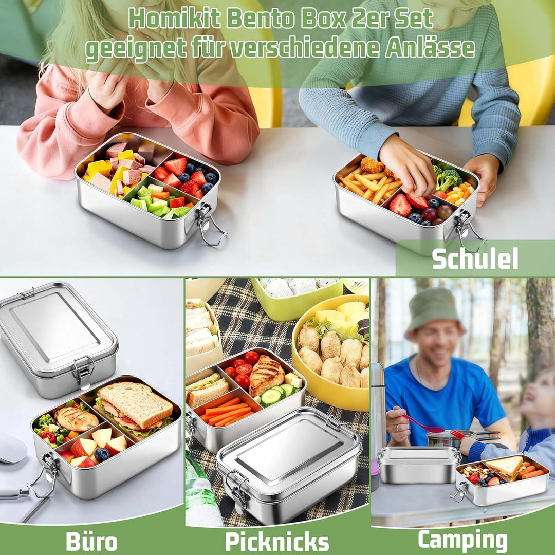 Homikit Brotdose mit Fächern 2er Set, 2400ml Edelstahl Lunchbox Bento Box Erwachsene, Auslaufsicher