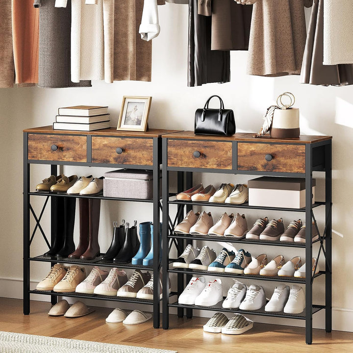 Schuhregal, Schuhablage mit 5 Ebenen, Schuhregal gross, Schuhständer mit 2 Stoffschubladen und 4 Git