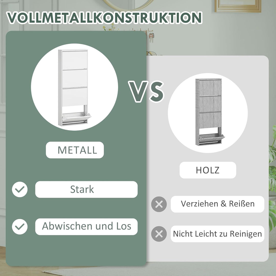 HOMCOM Schuhschrank Metall mit 4 Klappen Schuhkipper Schmal Schuhkommode Schuhregal Schuhablage Wand