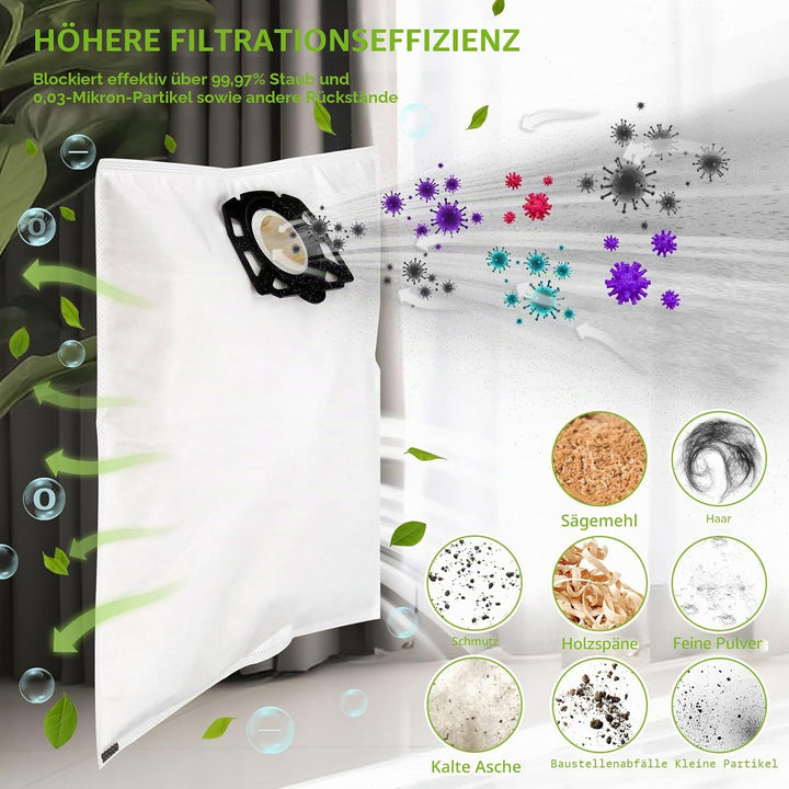 10 Stück Staubsaugerbeutel für Kärcher 2.863-006.0 Vliesfilterbeutel 487 Ersatzbeutel WD4 WD5 WD6 WD