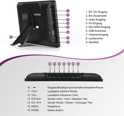 Tragbarer Mini Fernseher - August DA900D - 9 Zoll mit Akku - Portabler hochauflösender LCD TV mit DV