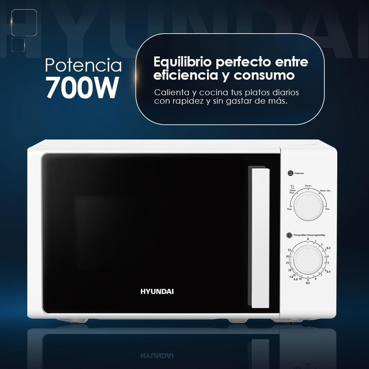 Hyundai Mikrowelle, 20 l, Weiss, HMW2701, 700 W, 5 Programme, Auftaufunktion, Innenbeschichtung, ein