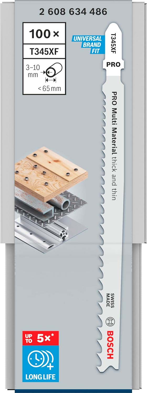 Bosch 100x PRO Thick and Thin Multi Material T345XF Stichsägeblatt (für Holz mit Nägeln, Stahl, Läng