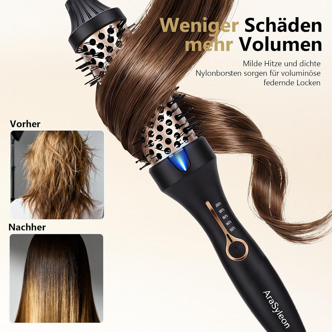 AraSylen Wärmebürste mit Ionen-Technologie | Elektrische Haarbürste für Volumen & Glatte Haare | 38m