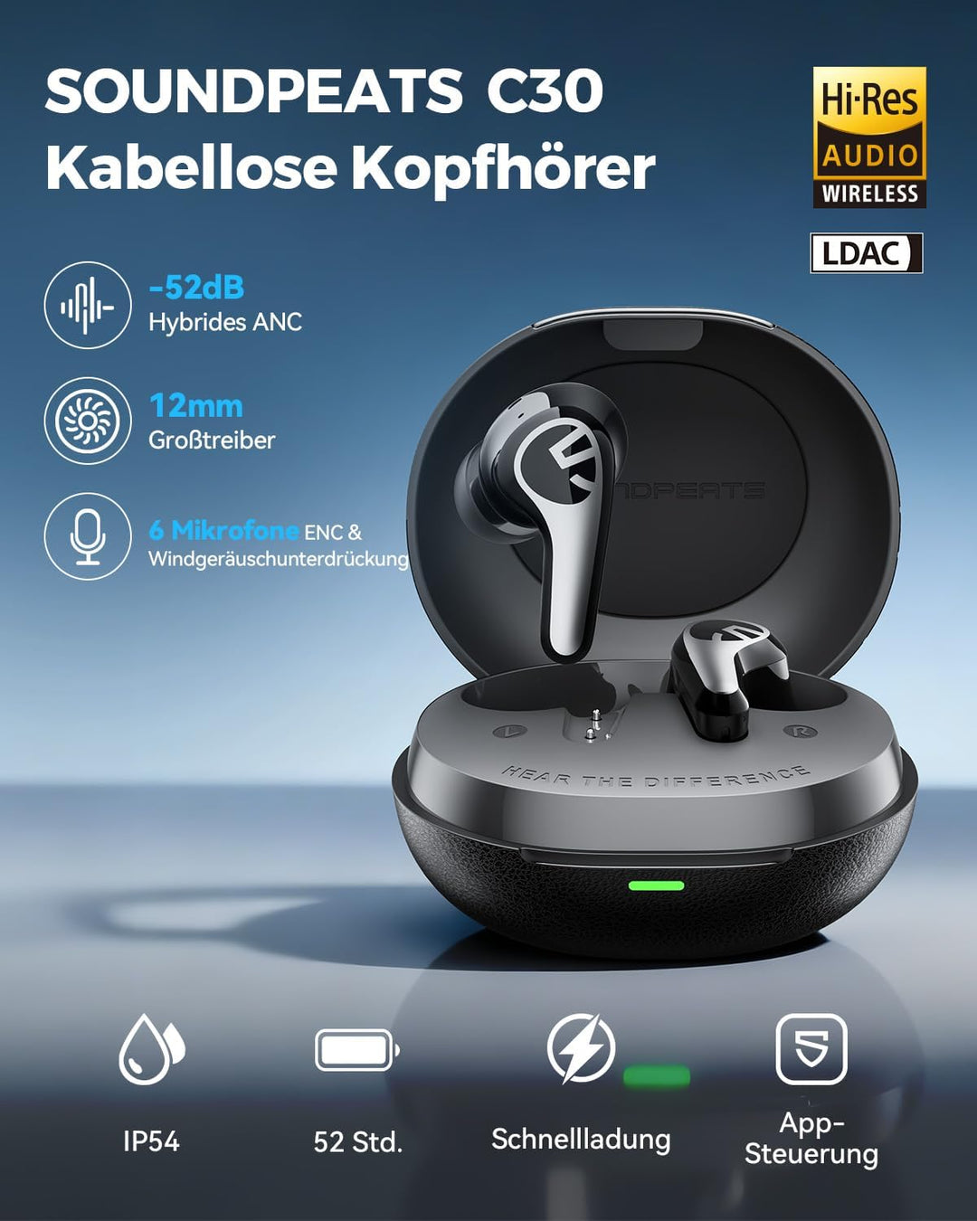 SoundPEATS C30 Noise Cancelling kopfhörer, Bluetooth Kopfhörer mit Hi-Res LDAC, 12mm Treiber, 52 Std