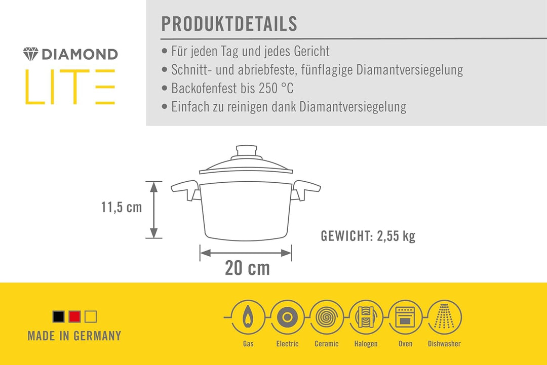 Woll Diamond Lite Topf mit Glasdeckel in Box, Ø 20 cm, 11.5 cm hoch, 3.0 Liter, mit 2 Seitengriffen