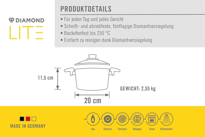 Woll Diamond Lite Topf mit Glasdeckel in Box, Ø 20 cm, 11.5 cm hoch, 3.0 Liter, mit 2 Seitengriffen