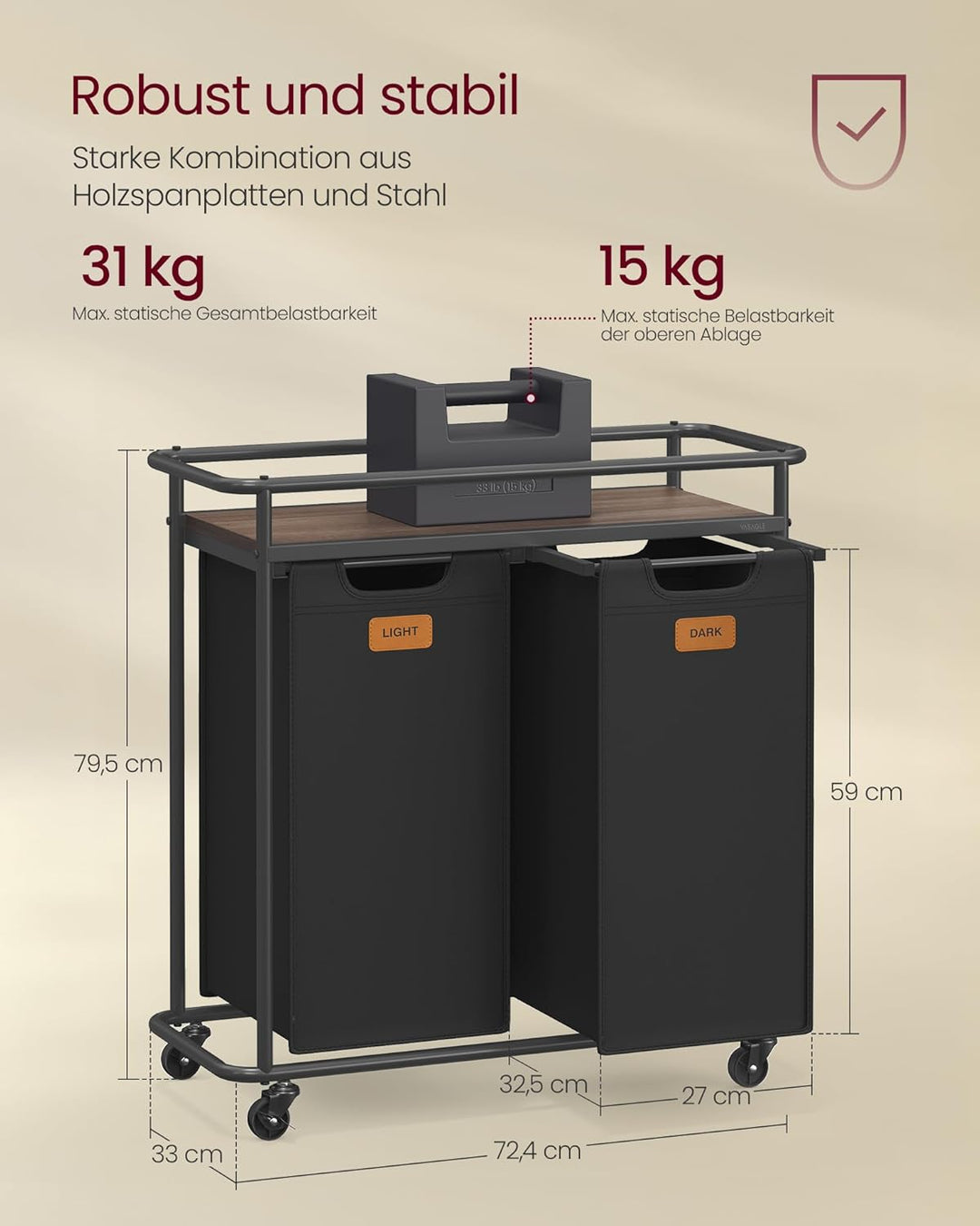VASAGLE Wäschesammler mit Rollen, Wäschekorb 2 Fächer, 100 L, Wäschesortierer mit Ablage, Wäschewage