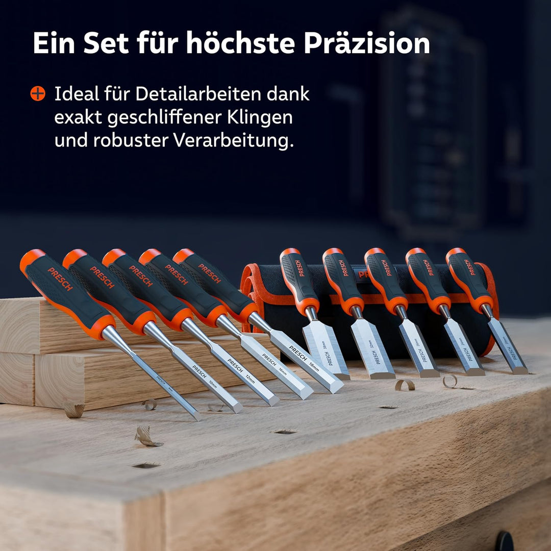 Presch Stechbeitel Set für Holz 10tlg. inkl. Tasche - Fertig geschliffene Stemmeisen (6, 10, 12, 16,