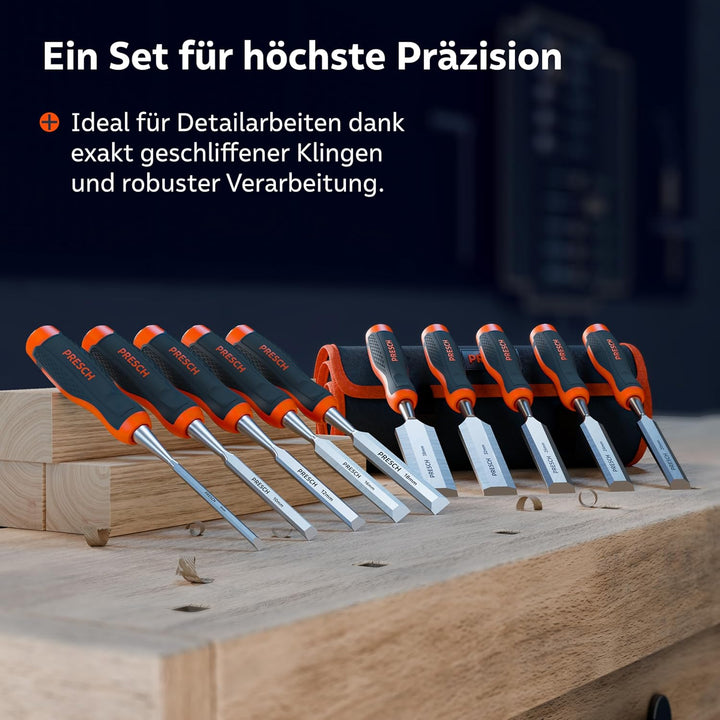 Presch Stechbeitel Set für Holz 10tlg. inkl. Tasche - Fertig geschliffene Stemmeisen (6, 10, 12, 16,
