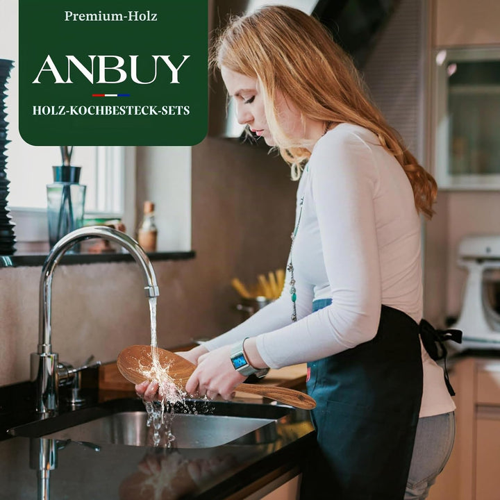 ANBUY Teakholz-Küchenutensilien-Set, hochbeständige Holzlöffel zum Kochen, antihaftbeschichtet, Koch