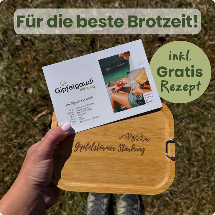 Gipfelgaudi Gipfelstürmer Brotdose mit Holzdeckel I Langlebige Edelstahl Box für Kinder & Erwachsene