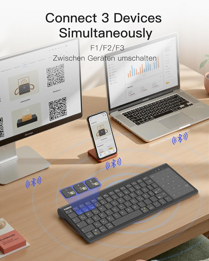 Inateck Tablet Tastatur, 2-IN-1 Ziffernblock&TouchpadVersteckter Ständer, 3 BT-Kanäle, 7-Farben Hint