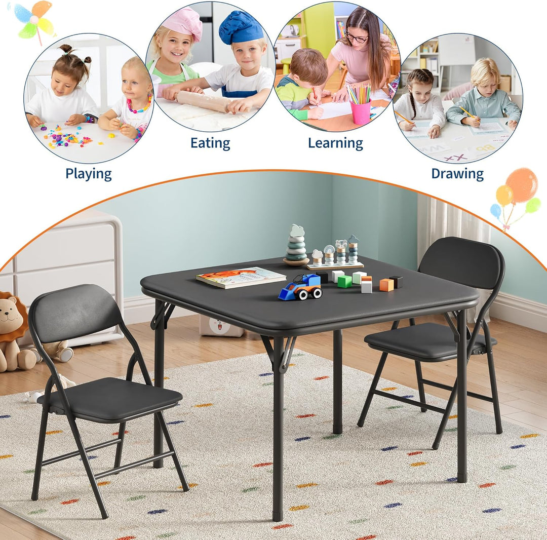Zusammenklappbares Kinder-Set – quadratischer Tisch mit 2 gepolsterten Stühlen, Metallgestell, ideal