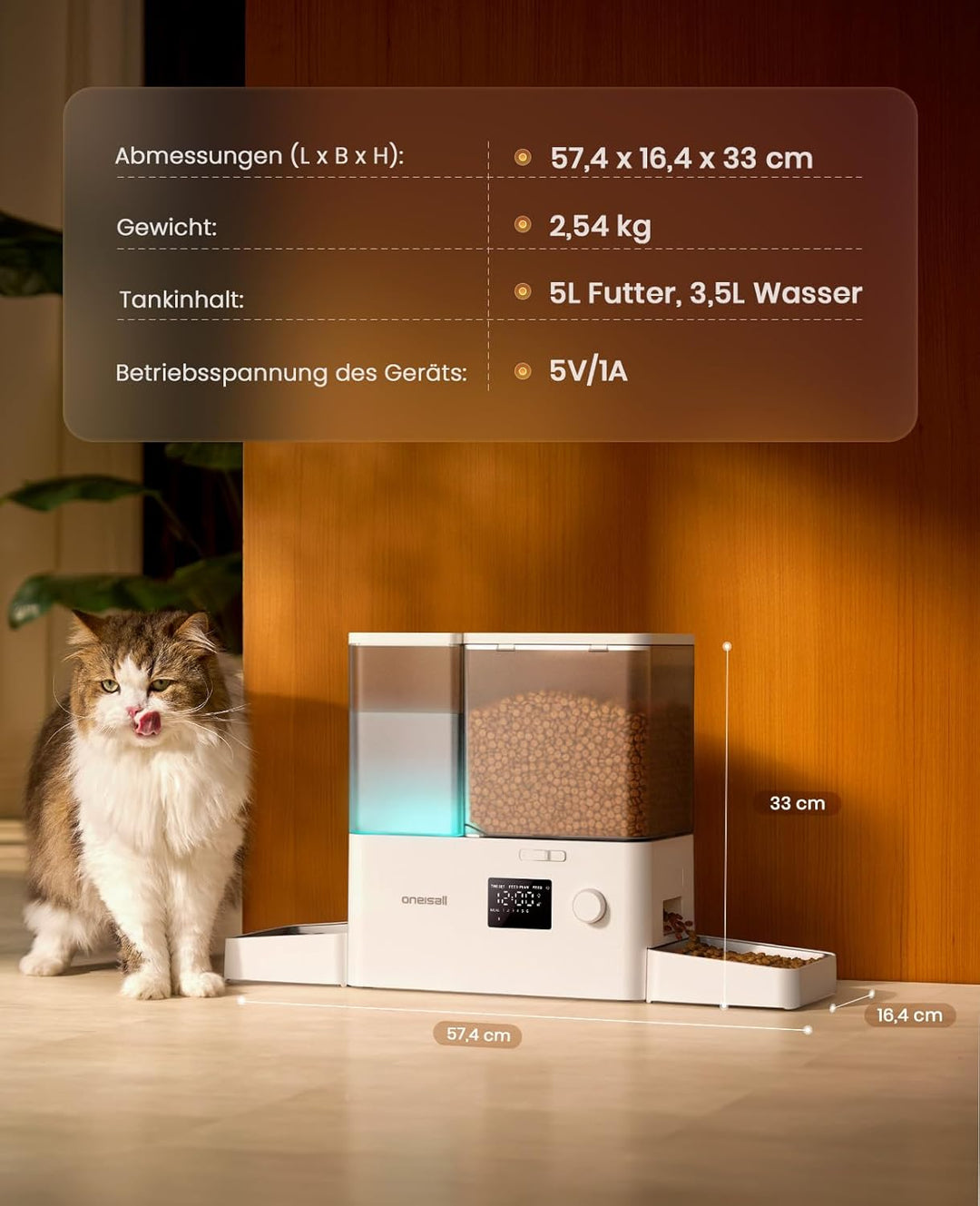 oneisall Futterautomat Katze und Trinkbrunnen 2-in-1, 8,5L/1-36 Portionen, 5L Futterspender mit 3,5L