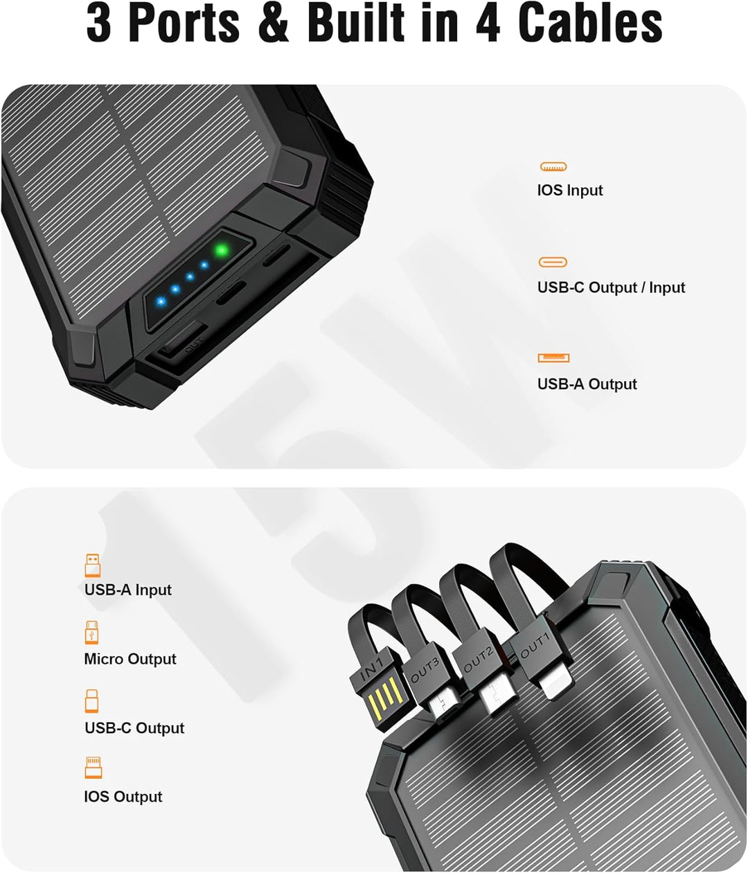 Solar Powerbank 26800mAh mit integrierten 4 Kabeln, Wireless Power Bank USB-C Ausgang/Eingang 15W Sc