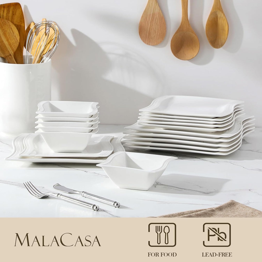 MALACASA, Serie FLORA, 18-teilig Weiss Porzellan Tafelservice Kombiservice Geschirrset, je 6 Speiset