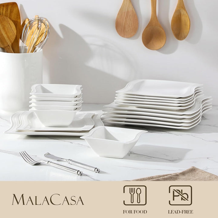 MALACASA, Serie FLORA, 18-teilig Weiss Porzellan Tafelservice Kombiservice Geschirrset, je 6 Speiset