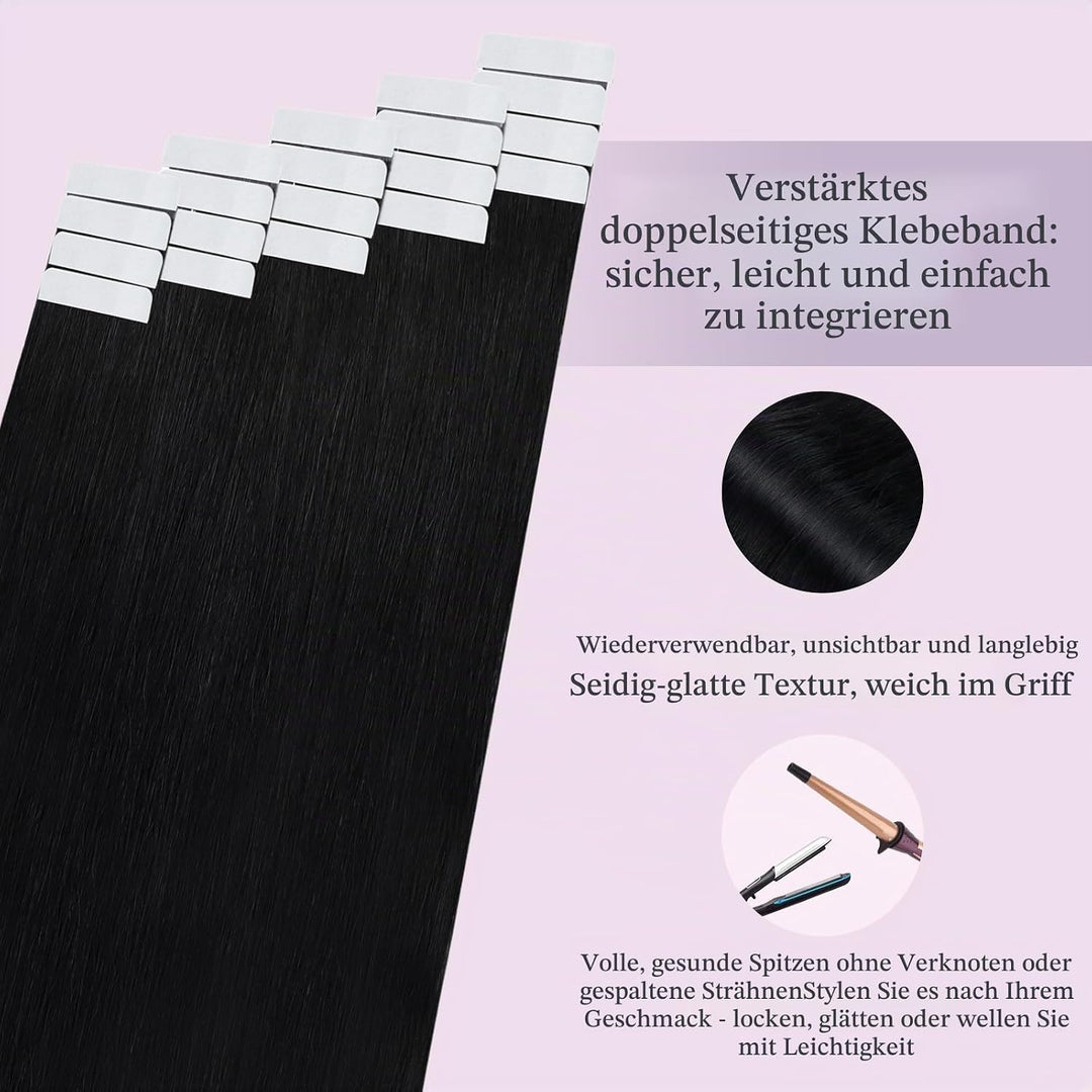 Fshine Tapes Echthaar Extension 50cm Tape in Schwarz Seamless Hair Extensions 20 Stück Remy Extensio