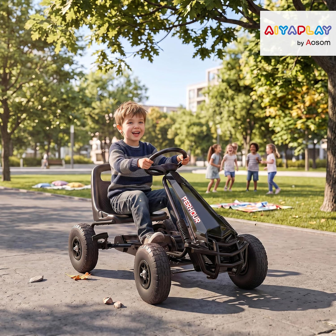 AIYAPLAY Go-Kart Gokart mit Pedalen für Kinder, verstellbarer Sitz, EVA-Reifen, Schwarz | Manuelle K