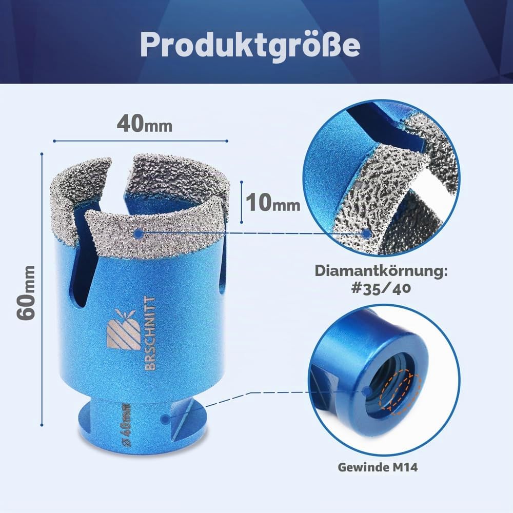 Diamant Fliesenbohrer 40mm - BRSCHNITT M14 Diamantbohrer Lochsäge für Fliesen Porzellan Keramik Marm