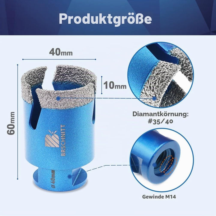 Diamant Fliesenbohrer 40mm - BRSCHNITT M14 Diamantbohrer Lochsäge für Fliesen Porzellan Keramik Marm