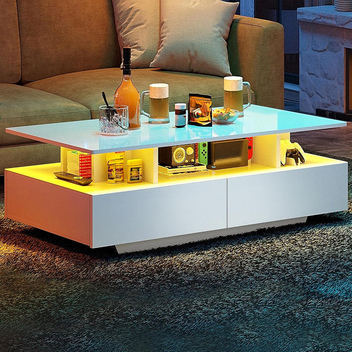 YITAHOME Couchtisch Weiss, Wohnzimmertisch Hochglanz mit 16-Farbiger LED Beleuchtung Modern, Beistel
