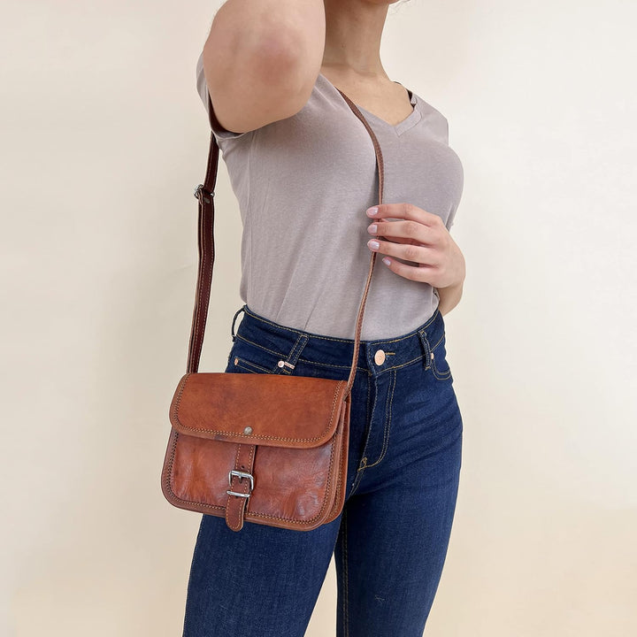 Gusti Umhängetasche Leder - Mary S Damen Handtasche Umhängetasche klein Vintage Braun Leder Braun S,