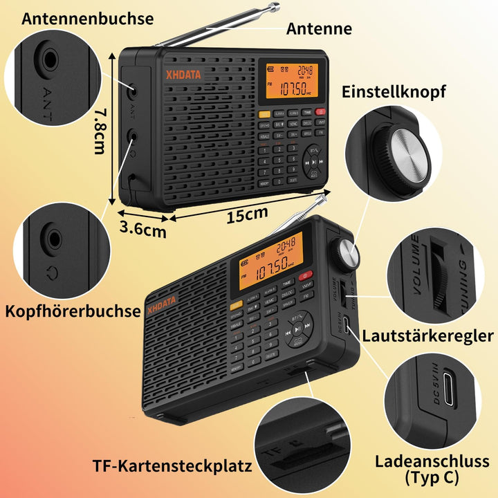XHDATA D109WB Klein Tragbares Retro Radio FM/AM/LW TF/Bluetooth MP3-Player SOS-Alarm Küchenradio Out