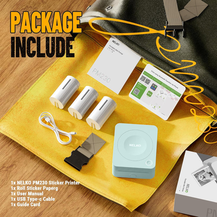 Nelko Aufkleber Drucker, PM230 Mini Drucker Bluetooth Portabel Sticker Maker mit 3 Rollen Papier, fü