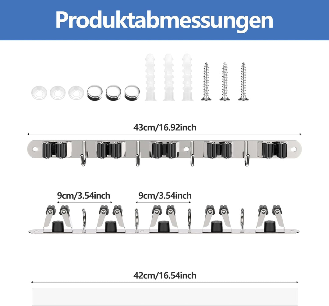 Besenhalter Wandmontage mit 5 Halterungen und 4 Haken mit Nägeln Installation Hauswirtschaftsraum Au