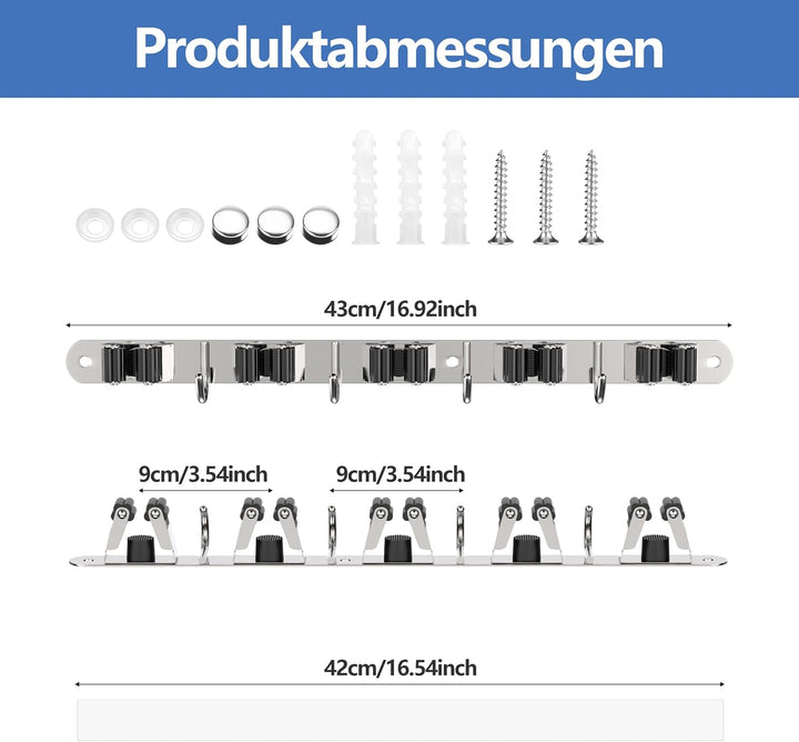 Besenhalter Wandmontage mit 5 Halterungen und 4 Haken mit Nägeln Installation Hauswirtschaftsraum Au