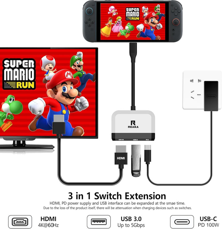 RREAKA Switch Dock Ersatz für Nintendo Switch 1 &amp; 2, 4K@60Hz HDMI TV Adapter, Tragbare Reisedockings