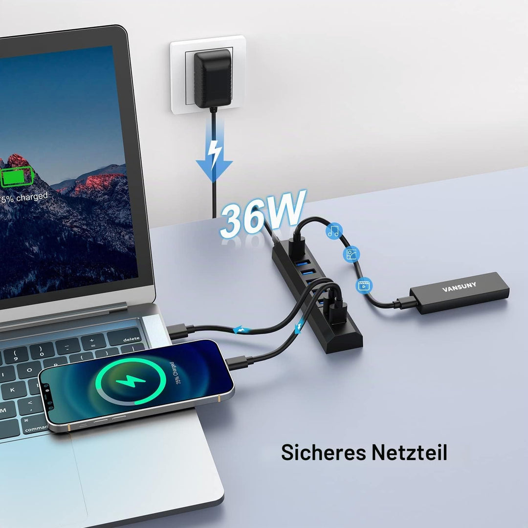 USB Hub 3.0 mit Netzteil, 8 Ports Vansuny USB Hub Aktiv 3.0 mit netzteil 36W, Ultraschnelle Übertrag
