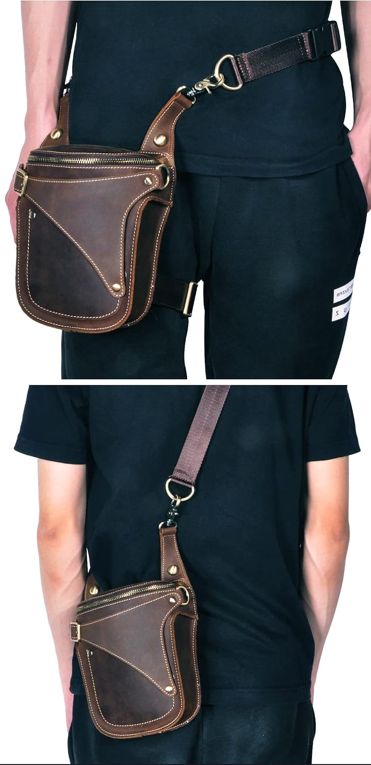 Le'aokuu Herren Leder Motorrad Hüfttasche Messenger Schulter Drop Leg Bag B9326 0 Braun, B9326 0 Bra