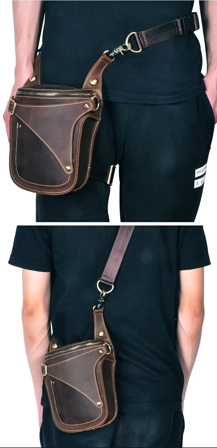 Le'aokuu Herren Leder Motorrad Hüfttasche Messenger Schulter Drop Leg Bag B9326 0 Braun, B9326 0 Bra
