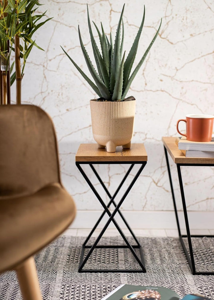 Pflanzenständer Metall 40 cm Hoch - Stabiler und Fester Blumenhocker mit Eiche Optik MDF-Platte auf