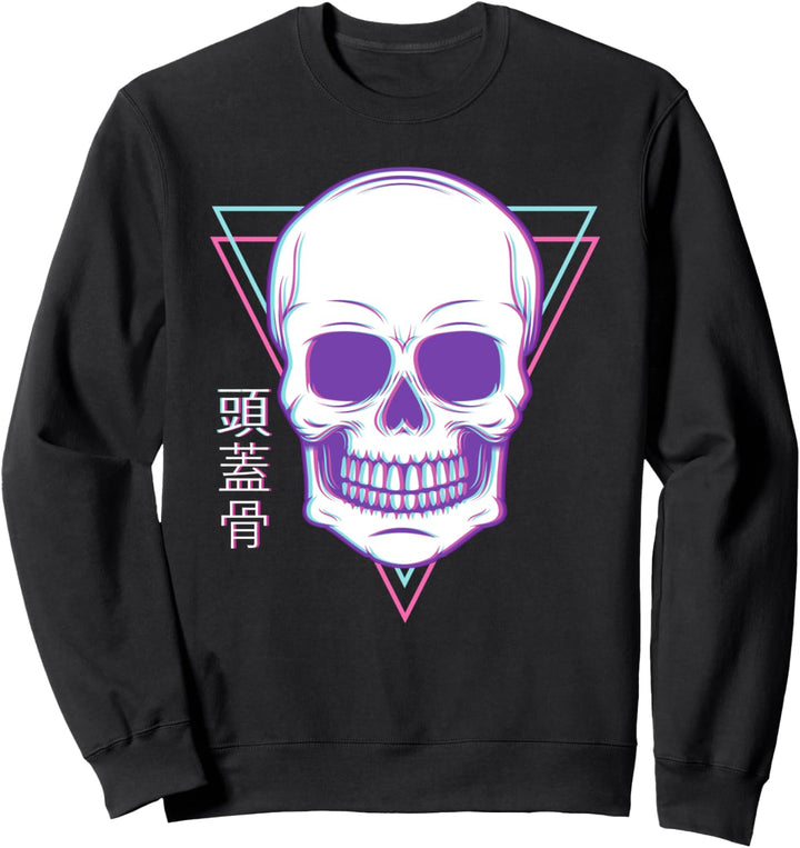Vaporwave Glitch Ästhetischer Schädel Japanisches Kanji Sweatshirt
