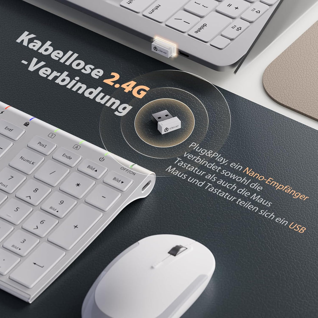 2.4G Maus Set kabellos, iclever Aluminium Wireless Slim Tastatur QWERTZ Layout (Deutsch), für Comput