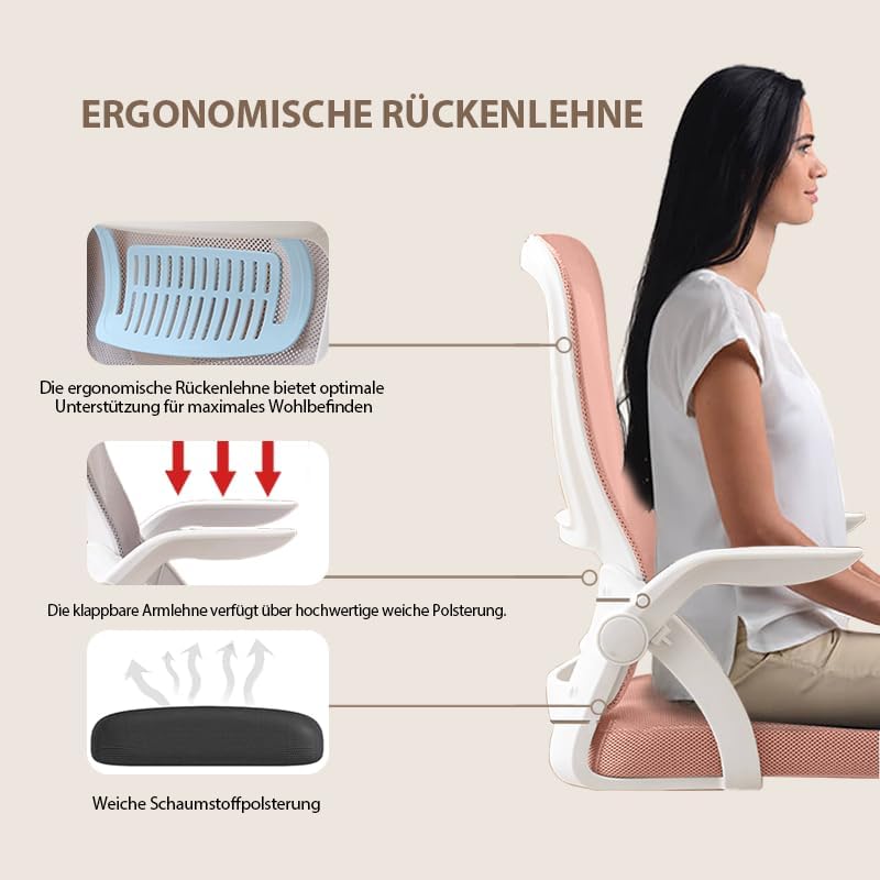 Bürostuhl,Ergonomischer Drehstuhl mit Atmungsaktiver Mesh-Rückenlehne,Hochklappbaren Armlehnen und L