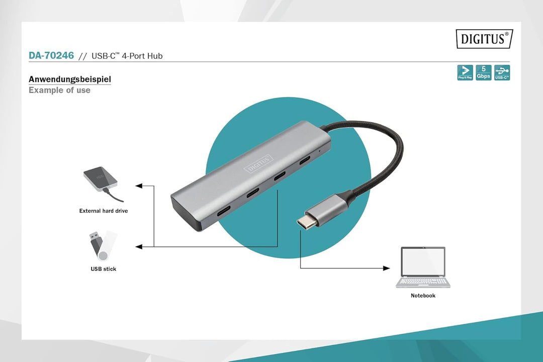 DIGITUS DA-70246 – USB Hub – 4-Port USB 3.2 Gen 1 Hub Typ C – Superspeed Datenübertragung bis 5 Gbit