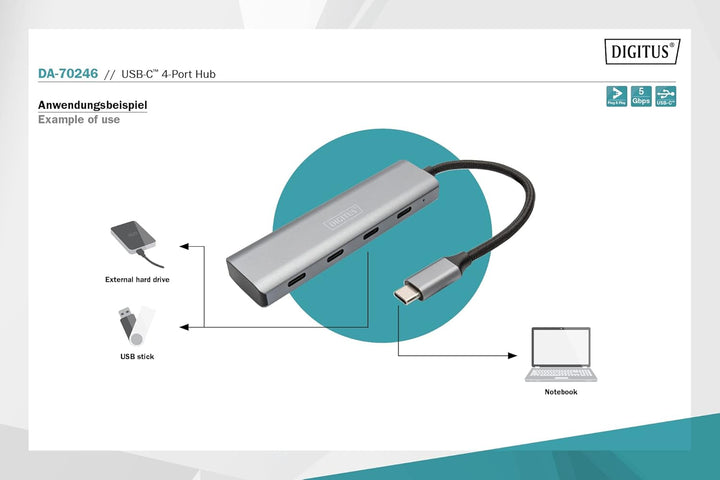 DIGITUS DA-70246 – USB Hub – 4-Port USB 3.2 Gen 1 Hub Typ C – Superspeed Datenübertragung bis 5 Gbit