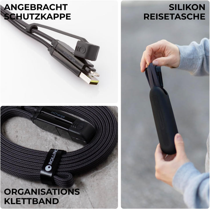 inCharge Rolling Square XL 300 cm - USB-C-Kabel, Universal-Smartphone-Kabel, Geschenk für Männer, 6-