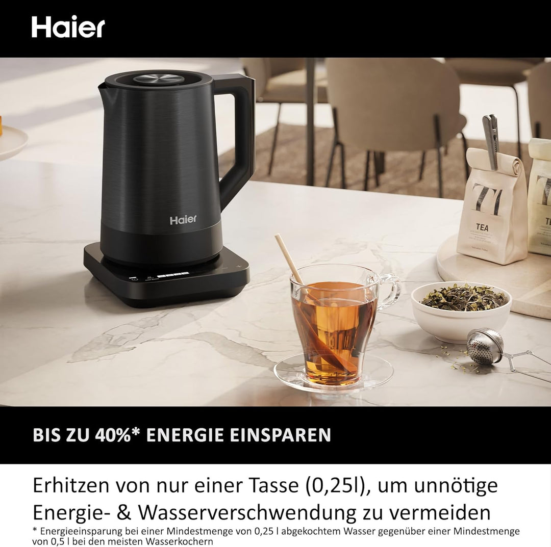 Haier Wasserkocher mit Temperatureinstellung aus Edelstahl 1,7 Liter I Energiesparender Kettle mit 7