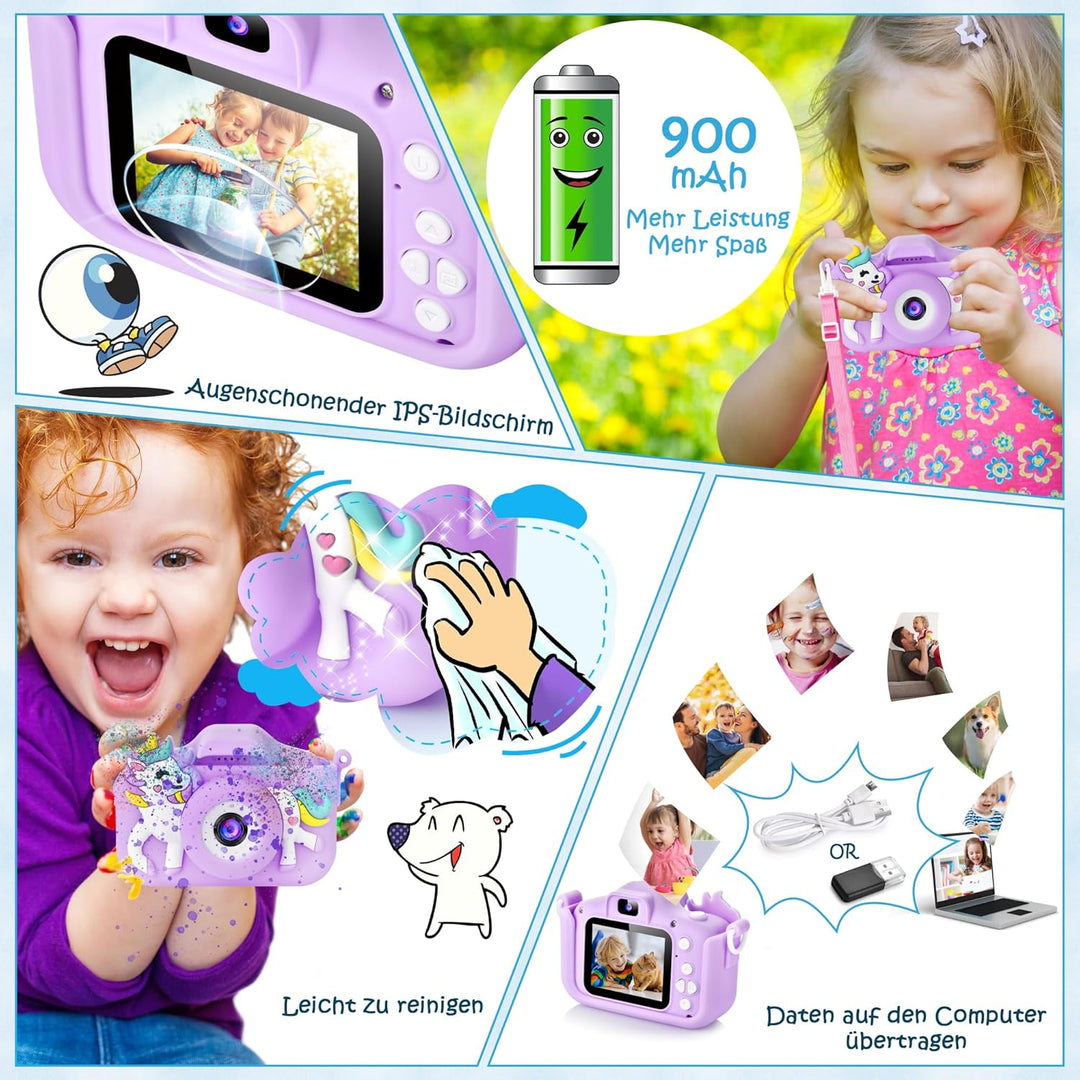 ARNSSIEN Kinderkamera, Digitalkamera Kinder mit HD IPS Bildschirm, 10 Denkspiele & Vollständiger Obj