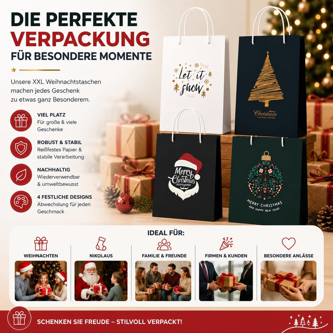 12 XXL Geschenktaschen Geschenktüten für Weihnachten: Grosse Weihnachtstüten ideal für Präsente &amp; Ge